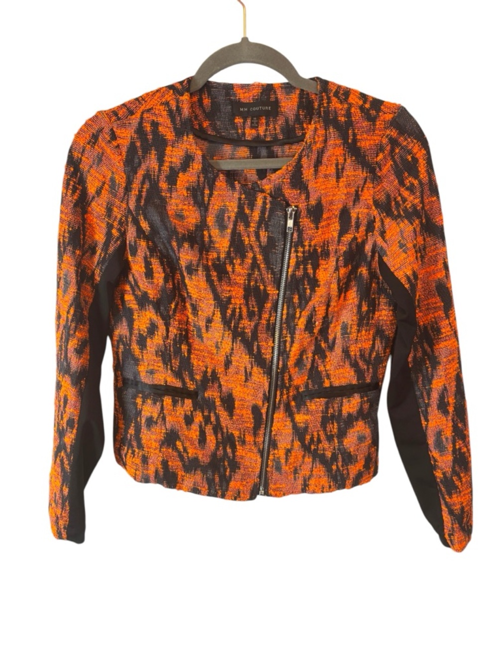 MM Couture Orange & Black Patterned Asymmetrical Zip Moto Jacket Size XS